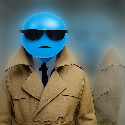 Surveillance photo: Quantum Agent, a blue ball head in black shades and a tan trench coat, with a blurred double behind him